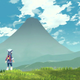 The female protagonist of Pokémon Legends: Arceus stands overlooking a field with a mountain in the distance.